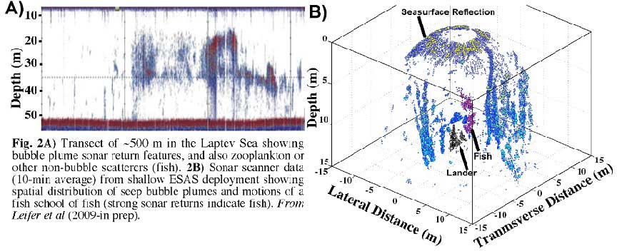Interpretation of acoustical data recorded with deployed multibeamsonar allowed moderate quantification of bottom fluxes as high as 44g/m2/d (Leifer et al., in preparation). Prorating these numbers to the areas of3hot spots (210×10km2) adds 3.5Gt to annual methane release from theESAS. This is enough to trigger abrupt climate change (Archer, 2005).