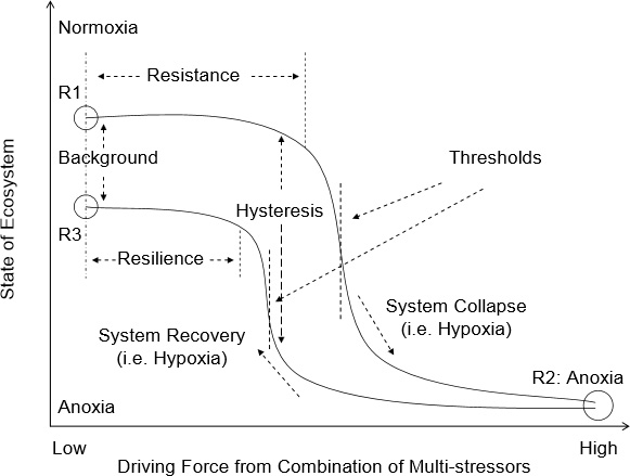 Conceptual diagram for the response of ecosystems to theconditions of dissolved oxygen in the coastal ocean, along the tra-jectories of normoxia to hypoxia/anoxia and vice versa, with hy-poxia as transitional state. In the figure R1, R2 and R3 representdifferent regime states of the ecosystem that can change from oneto another. In most cases, the ecosystem is affected by a combina-tion of multi-stressors with specific regional nature rather than byany single forcing, and the system response is not linear. The re-sistance, hysteresis, threshold, resilience and change in backgroundconditions are characters that dictate the response processes of theecosystem to the external forcing and/or pressure (e.g. either natu-ral and/or anthropogenic, or both), which is usually very dynamicin the coastal environment. When the system response passes overa threshold (e.g. from R1 to R2), a new ecosystem regime can bereached (i.e. regime shift); in the case of relief from external stres-sors, the recovery of the ecosystem will follow another pathway andeventually, can have a different background situation (i.e. R3). Thefigure is a modification based on the work by Tett et al., 2007, vande Koppel et al., 2009, and Kemp et al., 2009.