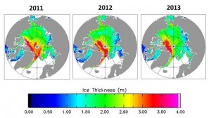 Changes in ice thickness for March/April 2011, 2012 and 2013 as measured by CryoSat.