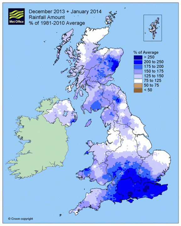 Provisional rainfall percent of average map for Winter 2013/14 so far (December and January)