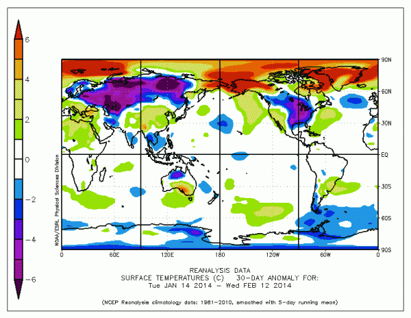 Temperature anomaly for last 30 days when compared to the, already warmer than normal, 1981 to 2010 average. Image source: NOAA.