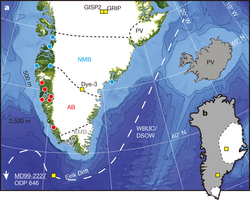 Bedrock terrane boundaries (black dashed lines) and sampling sites for Greenland stream sediments (filled circles; multiple sites per symbol); KMB, Ketilidian Mobile Belt (grey); AB, Archaean Block (red); NMB, Nagssugtoqidian 
