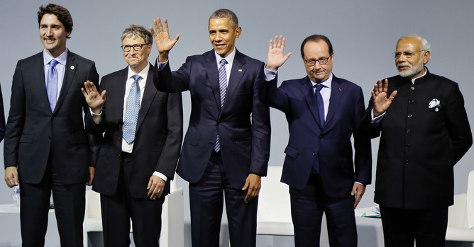 Canadian Prime Minister Justin Trudeau (L-R), Microsoft founder and philantropist Bill Gates, US President Barack Obama, US President Barack Obama, French President Francois Hollande and Indian Prime Minister Narendra Modi attend the 'Mission Innovation: Accelerating the Clean Energy Revolution' meeting at the COP21 World Climate Change Conference 2015 in Le Bourget, north of Paris, France, 30 November 2015. The 21st Conference of the Parties (COP21) due to be held in Paris from 30 November to 11 December will proceed as planned, despite the terrorist attacks of 13 November. The aim is to reach an international agreement to limit greenhouse gas emissions and curtail climate change. EPA/IAN LANGSDON/POOL MAXPPP OUT