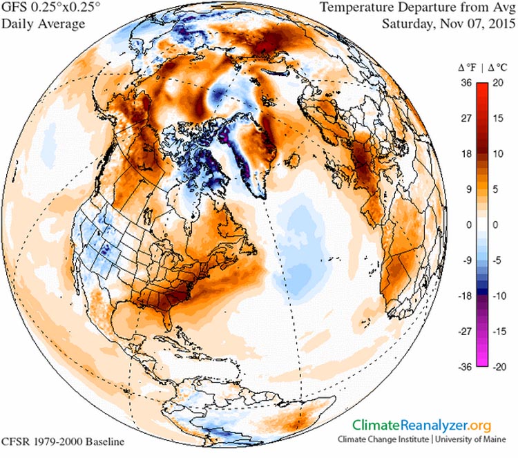 This ‘global’ view of the temperature anomaly for November 7th illustrates just how far above normal temperatures were in both the eastern U.S. and Western Europe simultaneously. It was perhaps the warmest November day on record for France. Image from the Climate Change Institute, University of Maine.