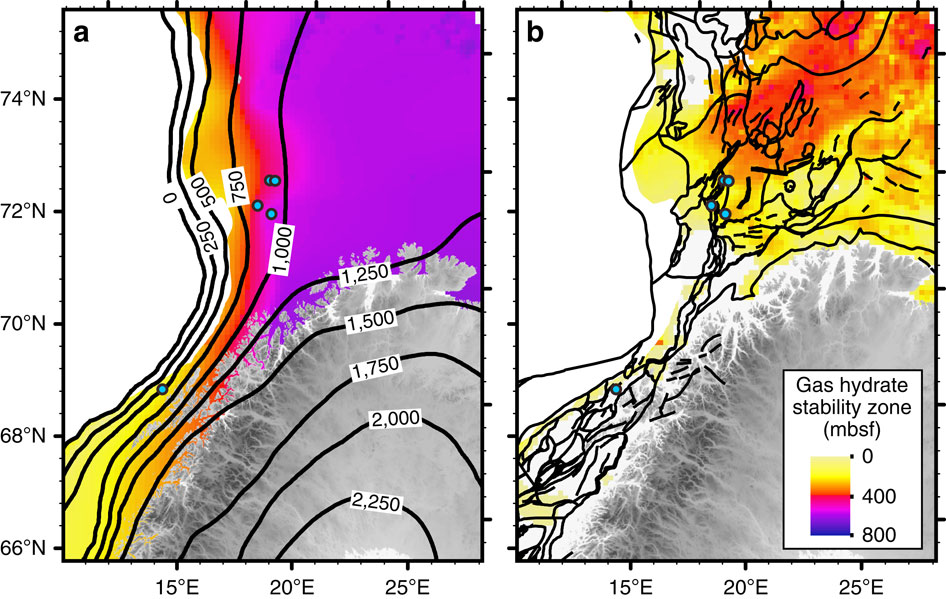 Thickness of GHSZ during the LGM (a) and at present-day conditions (b). Black contours denote (a) the ice-sheet thickness in metres during the LGM51 and (b) broad scale faulting system77. The average value of the geothermal gradient used is 31 °C km−1 (ref. 52). It is noteworthy that the abyssal plain has not been taken into account in our model.