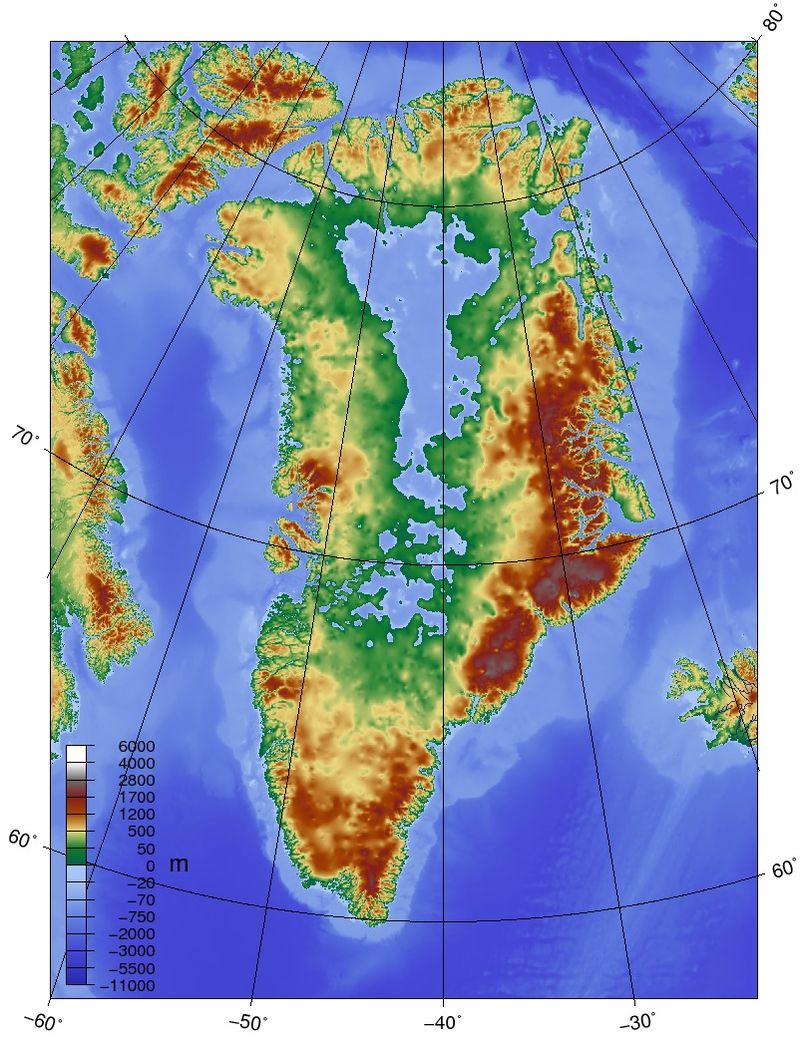 Topographic map of Greenland bedrock, in effect showing the topography without the extant ice sheet.